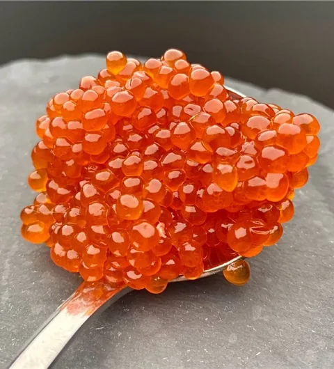 Красная икра дикого кижуча на ложке крупным планом