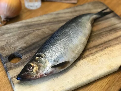 Целая сельдь на деревянной доске, рядом лук и масло
